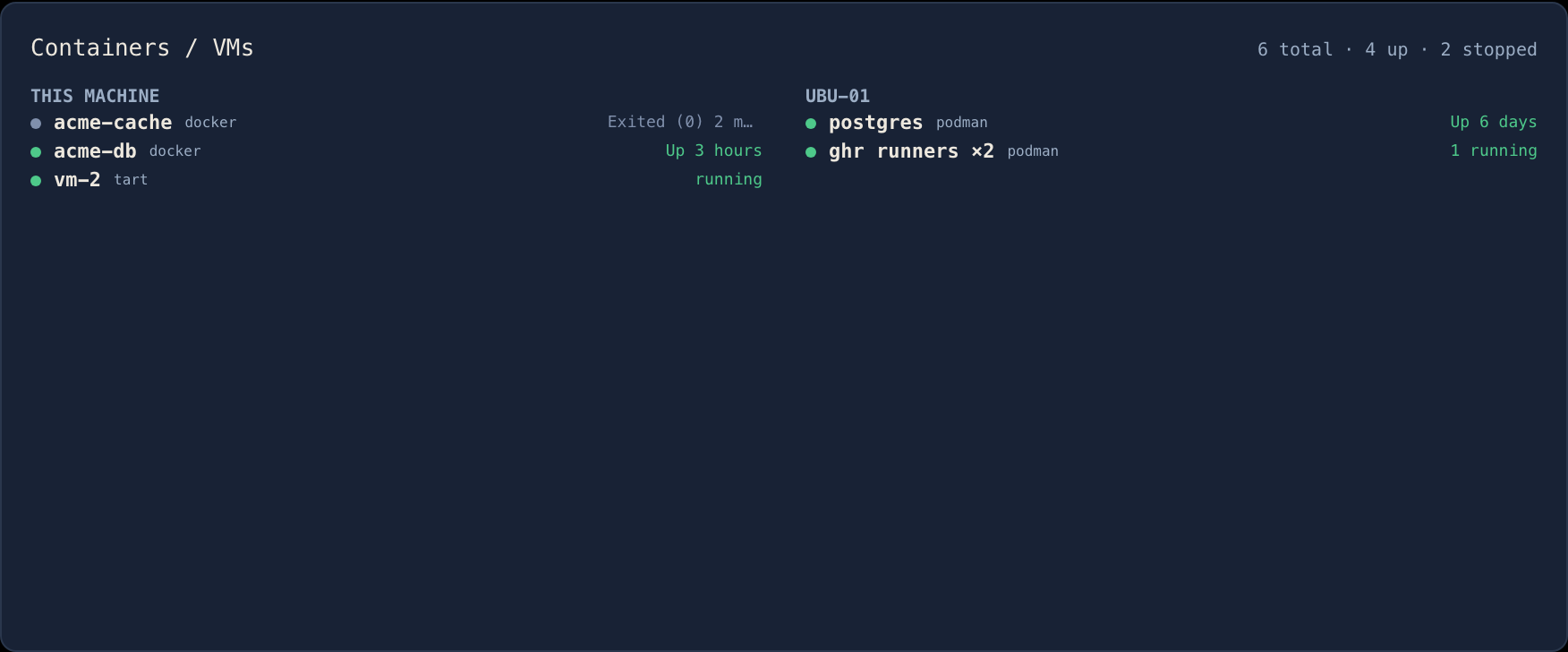 Containers and VMs on this machine and on a remote host.